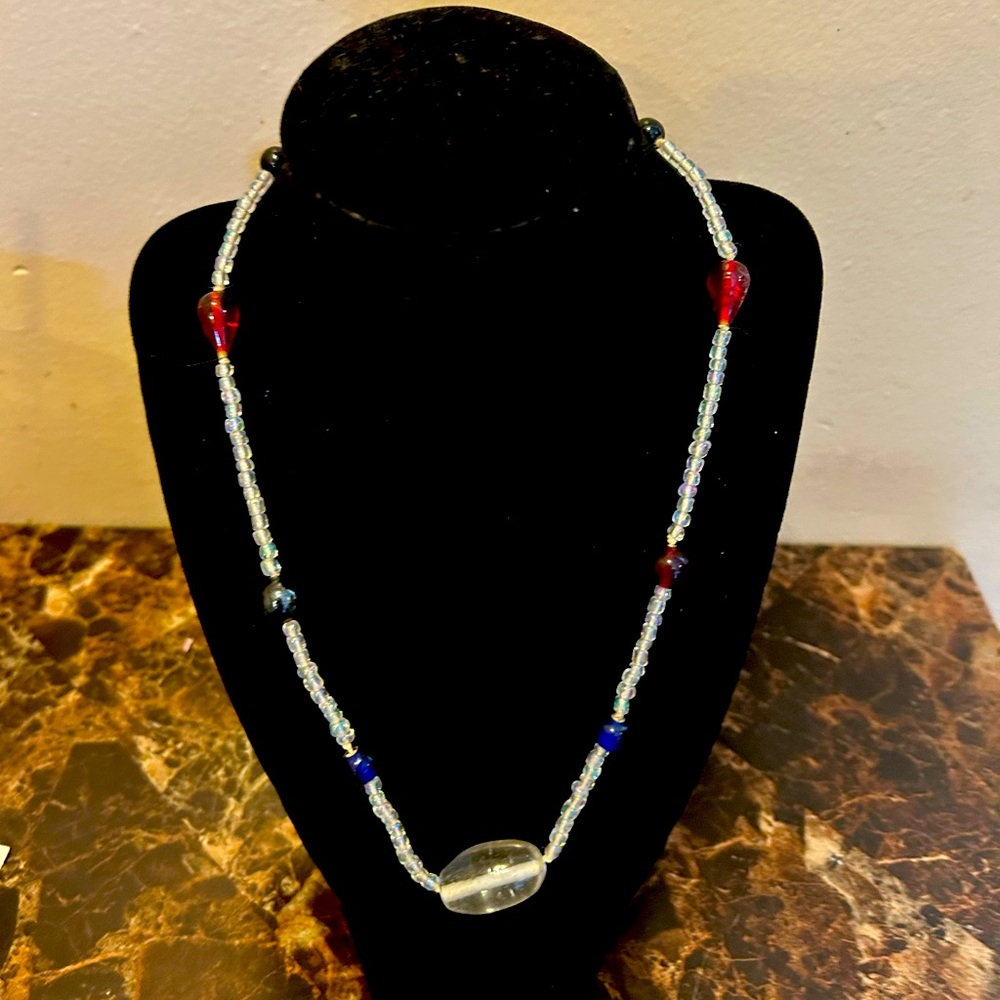 Beaded single strand Necklace with Red and Blue Accents